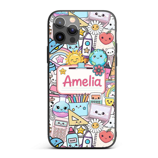 Cute Kawaii Busy School Supplies Printed Design Custom Name Protective Phone Case Mobile Cover Durable Everyday Smartphone Shock Resistant