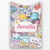 Cute Kawaii Busy School Supplies Desk Grey Background Seamless  Personalised Custom Name Super Soft Fleece Blanket Bed Sofa Throw