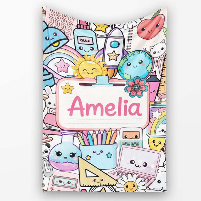Cute Kawaii Busy School Supplies Desk Grey Background Seamless  Personalised Custom Name Super Soft Fleece Blanket Bed Sofa Throw