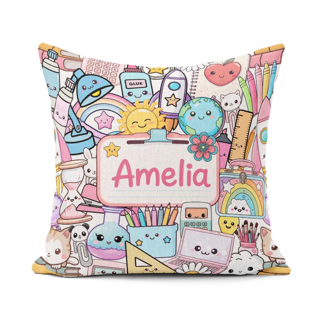 Custom Name Cute Kawaii Busy School Supplies Desk Grey Seamless Square Filled Cushion Throw Pillow Sofa Bed Home Decor Zip Washable UK Made
