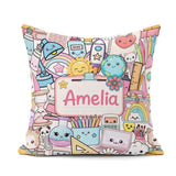 Custom Name Cute Kawaii Busy School Supplies Desk Grey Seamless Square Filled Cushion Throw Pillow Sofa Bed Home Decor Zip Washable UK Made