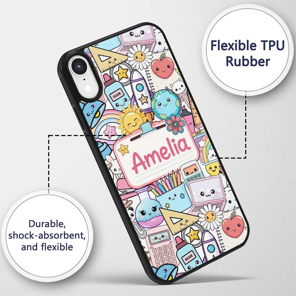Cute Kawaii Busy School Supplies Printed Design Custom Name Protective Phone Case Mobile Cover Durable Everyday Smartphone Shock Resistant