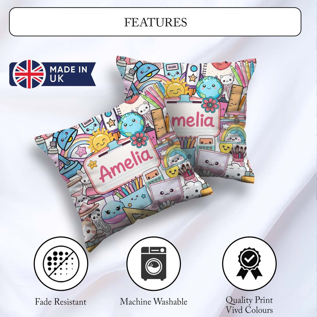 Custom Name Cute Kawaii Busy School Supplies Desk Grey Seamless Square Filled Cushion Throw Pillow Sofa Bed Home Decor Zip Washable UK Made