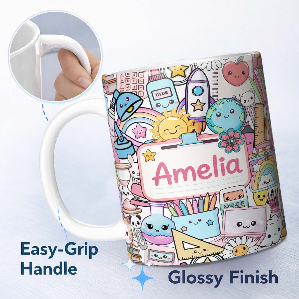Personalized Custom Name Cute Kawaii Busy School Supplies Desk Grey Background Seamless 11oz Ceramic Coffee Tea Mug White Large Handle