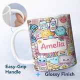 Personalized Custom Name Cute Kawaii Busy School Supplies Desk Grey Background Seamless 11oz Ceramic Coffee Tea Mug White Large Handle