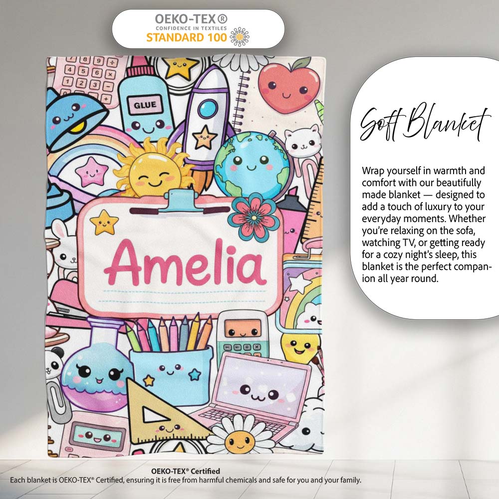 Cute Kawaii Busy School Supplies Desk Grey Background Seamless  Personalised Custom Name Super Soft Fleece Blanket Bed Sofa Throw