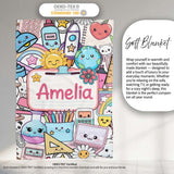 Cute Kawaii Busy School Supplies Desk Grey Background Seamless  Personalised Custom Name Super Soft Fleece Blanket Bed Sofa Throw