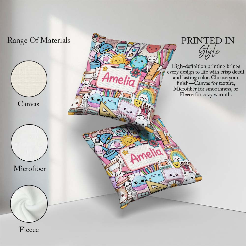 Custom Name Cute Kawaii Busy School Supplies Desk Grey Seamless Square Filled Cushion Throw Pillow Sofa Bed Home Decor Zip Washable UK Made