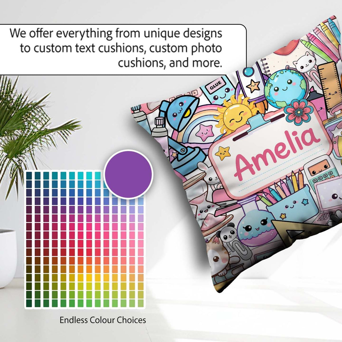 Custom Name Cute Kawaii Busy School Supplies Desk Grey Seamless Square Filled Cushion Throw Pillow Sofa Bed Home Decor Zip Washable UK Made