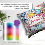 Custom Name Cute Kawaii Busy School Supplies Desk Grey Seamless Square Filled Cushion Throw Pillow Sofa Bed Home Decor Zip Washable UK Made