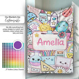 Cute Kawaii Busy School Supplies Desk Grey Background Seamless  Personalised Custom Name Super Soft Fleece Blanket Bed Sofa Throw