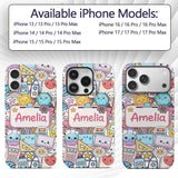 Cute Kawaii Busy School Supplies Printed Design Custom Name Protective Phone Case Mobile Cover Durable Everyday Smartphone Shock Resistant