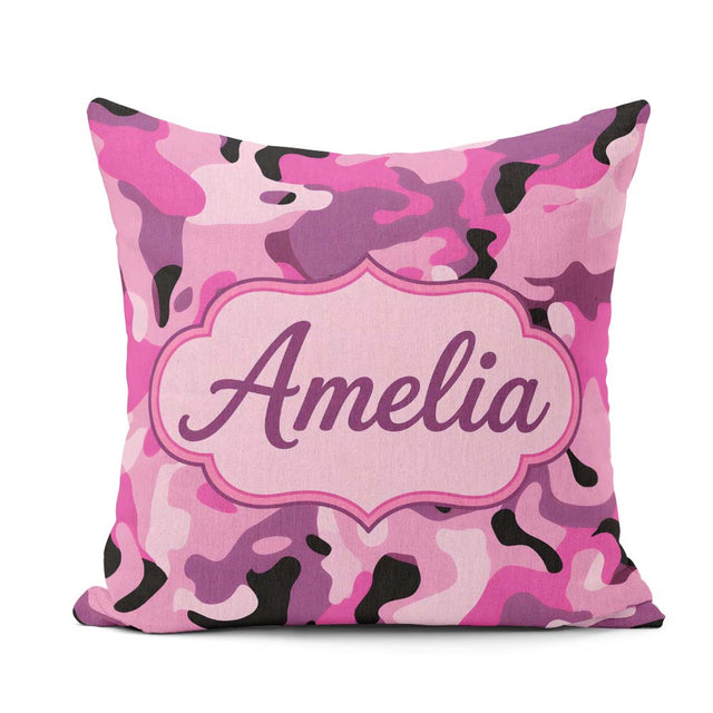 Custom Name Pink Purple Camouflage Fashion Style Seamless Lovely Square Filled Cushion Throw Pillow Sofa Bed Home Decor Zip Washable UK Made