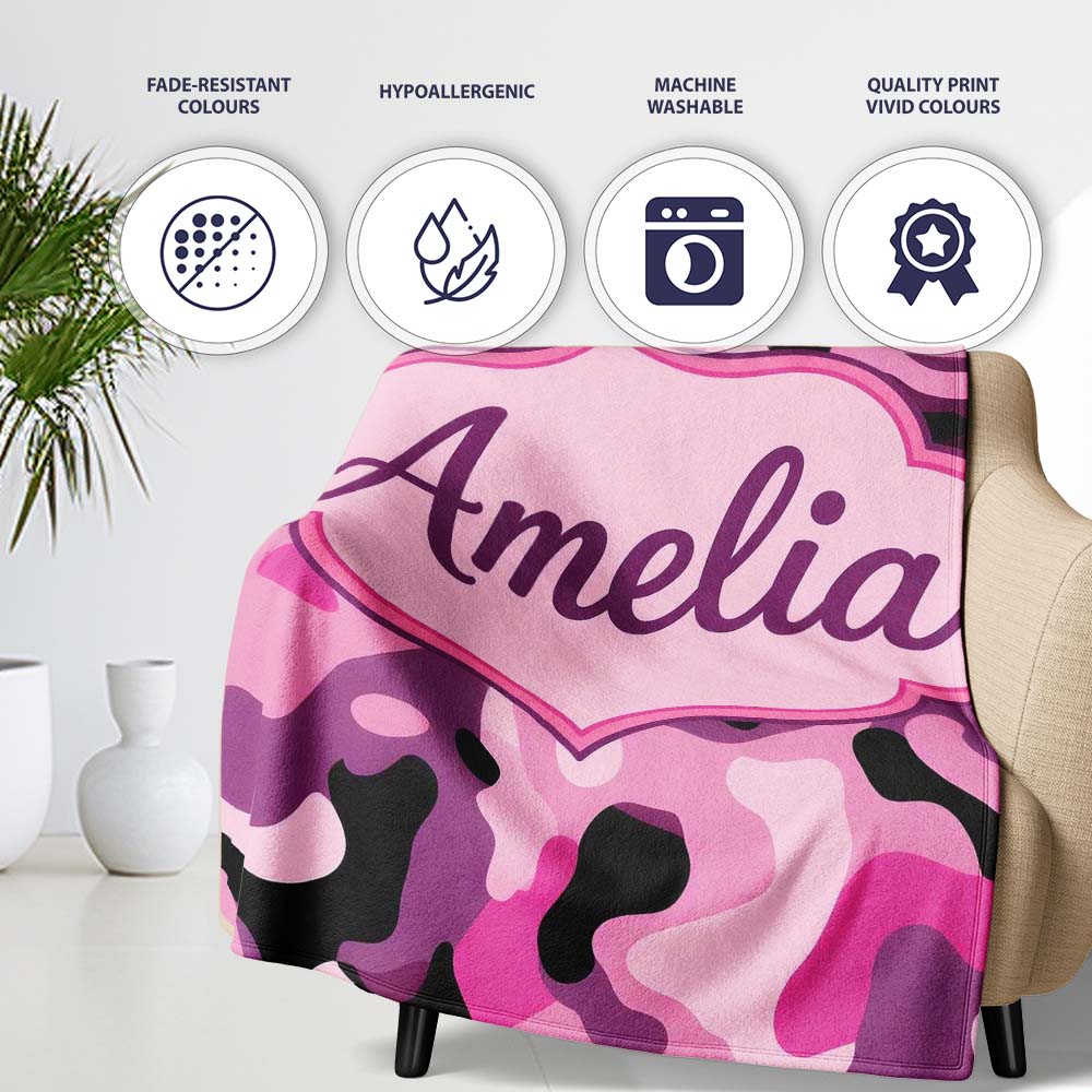 Pink Purple Camouflage Fashion Style Seamless Pattern Lovely  Personalised Custom Name Super Soft Fleece Blanket Bed Sofa Throw
