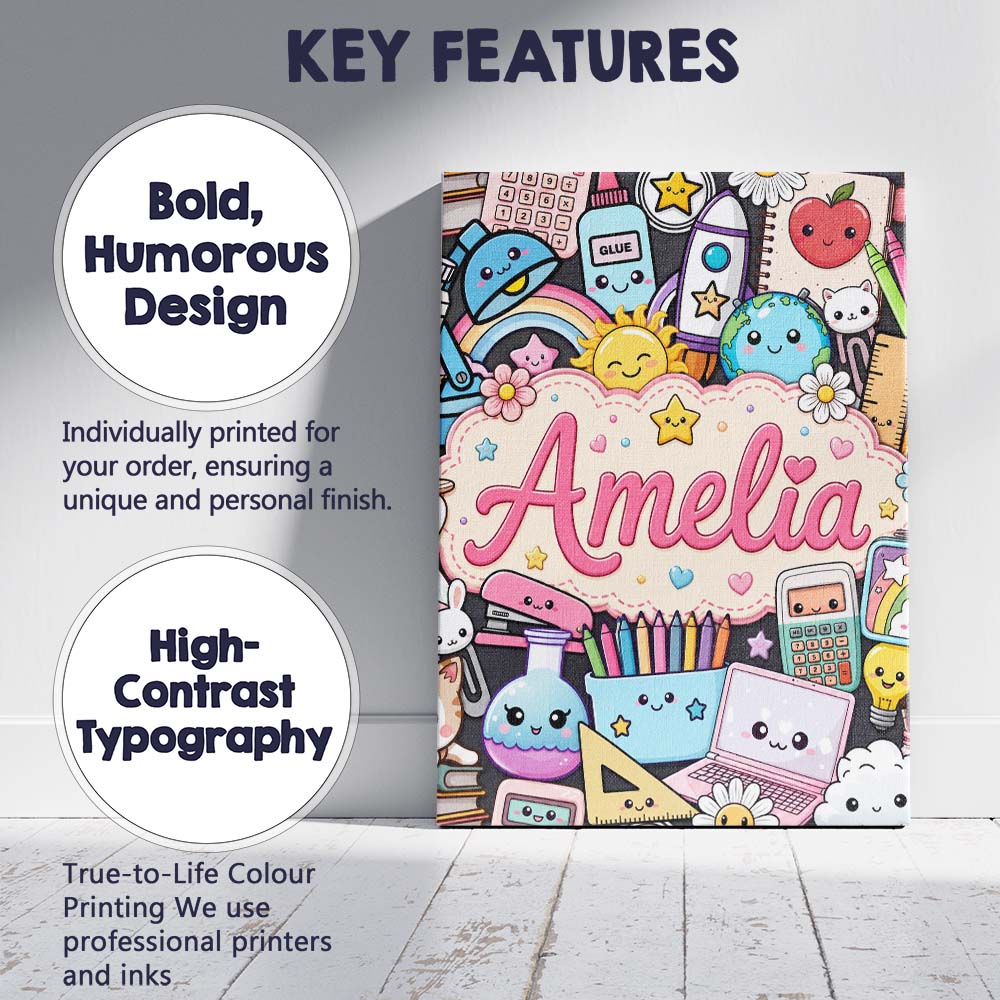 Personalised Name Cute Kawaii Busy School Custom  Unique Gift Idea Elegant Feature Canvas Wall Art Print Decor Picture Ready to Hang