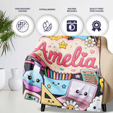 Cute Kawaii Busy School Supplies Desk Yellow Background Seamless  Personalised Custom Name Super Soft Fleece Blanket Bed Sofa Throw