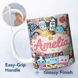 Personalized Custom Name Cute Kawaii Busy School Supplies Desk Yellow Background Seamless 11oz Ceramic Coffee Tea Mug White Large Handle