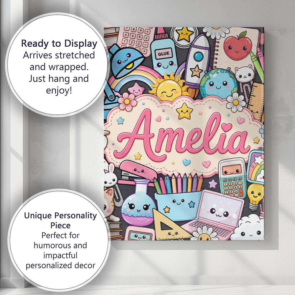 Personalised Name Cute Kawaii Busy School Custom  Unique Gift Idea Elegant Feature Canvas Wall Art Print Decor Picture Ready to Hang