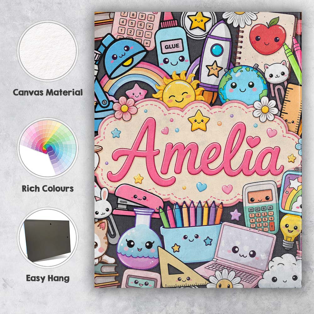 Personalised Name Cute Kawaii Busy School Custom  Unique Gift Idea Elegant Feature Canvas Wall Art Print Decor Picture Ready to Hang