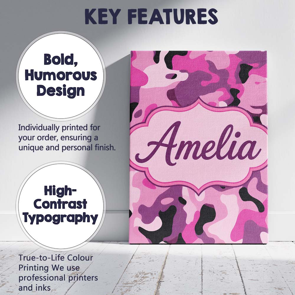 Personalised Name Pink Purple Camouflage Fashion Style Seamless Custom  Statement Canvas Wall Art Print Decor Picture Ready to Hang