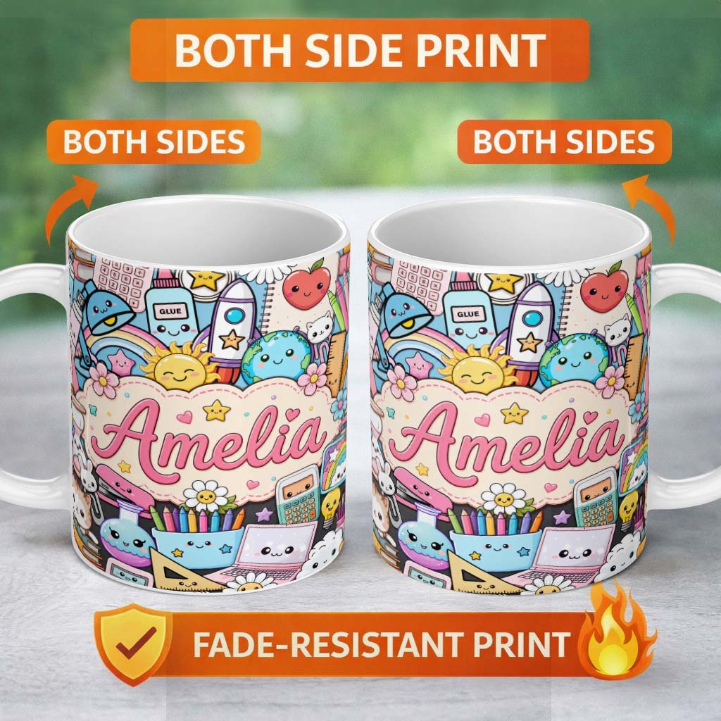 Personalized Custom Name Cute Kawaii School Supplies Desk Rainbow Sun Globe Seamless Pattern 11oz Ceramic Coffee Tea Mug White Large Handle