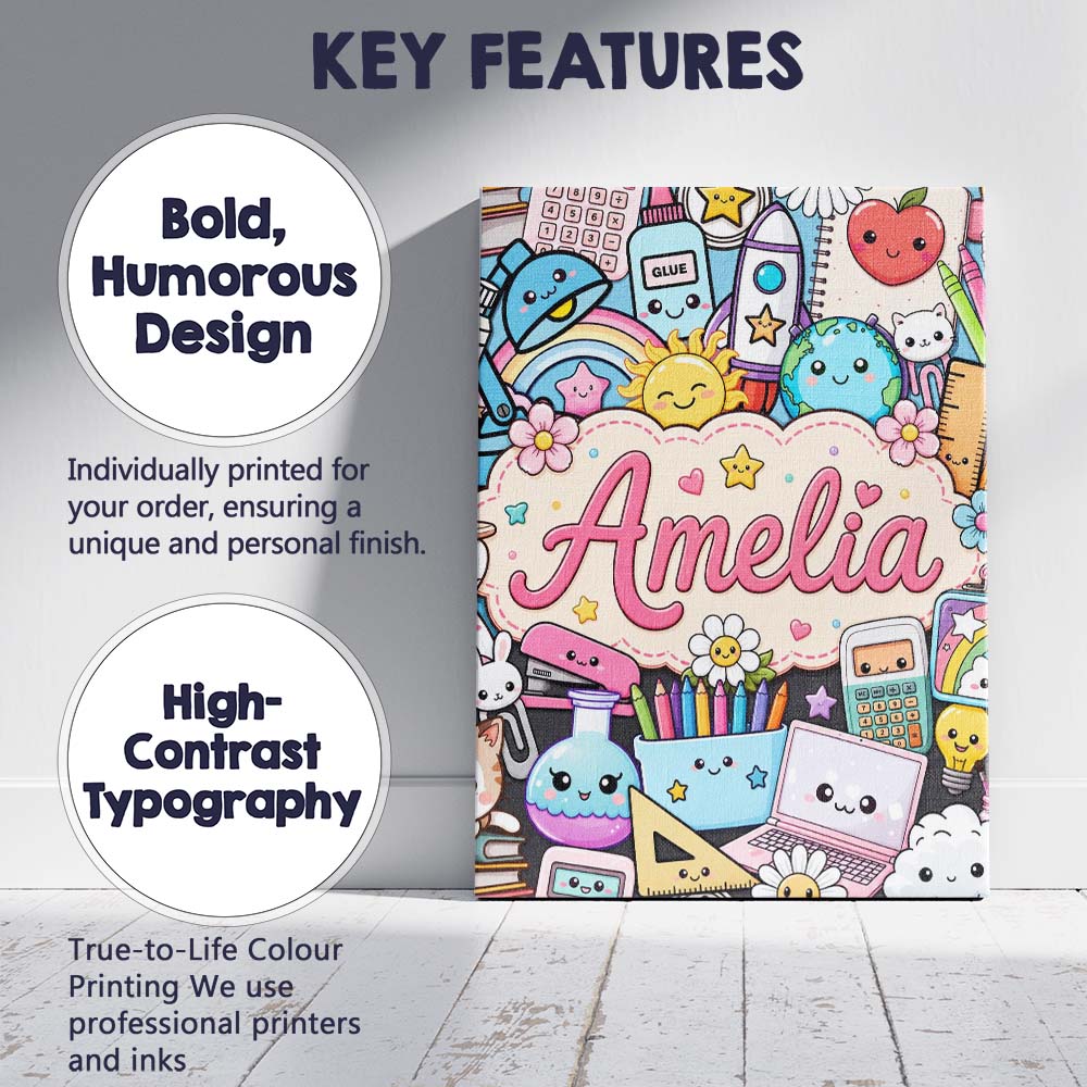 Personalised Name Cute Kawaii School Custom Premium Decorative Design Modern Room Accent Canvas Wall Art Print Decor Picture Ready to Hang