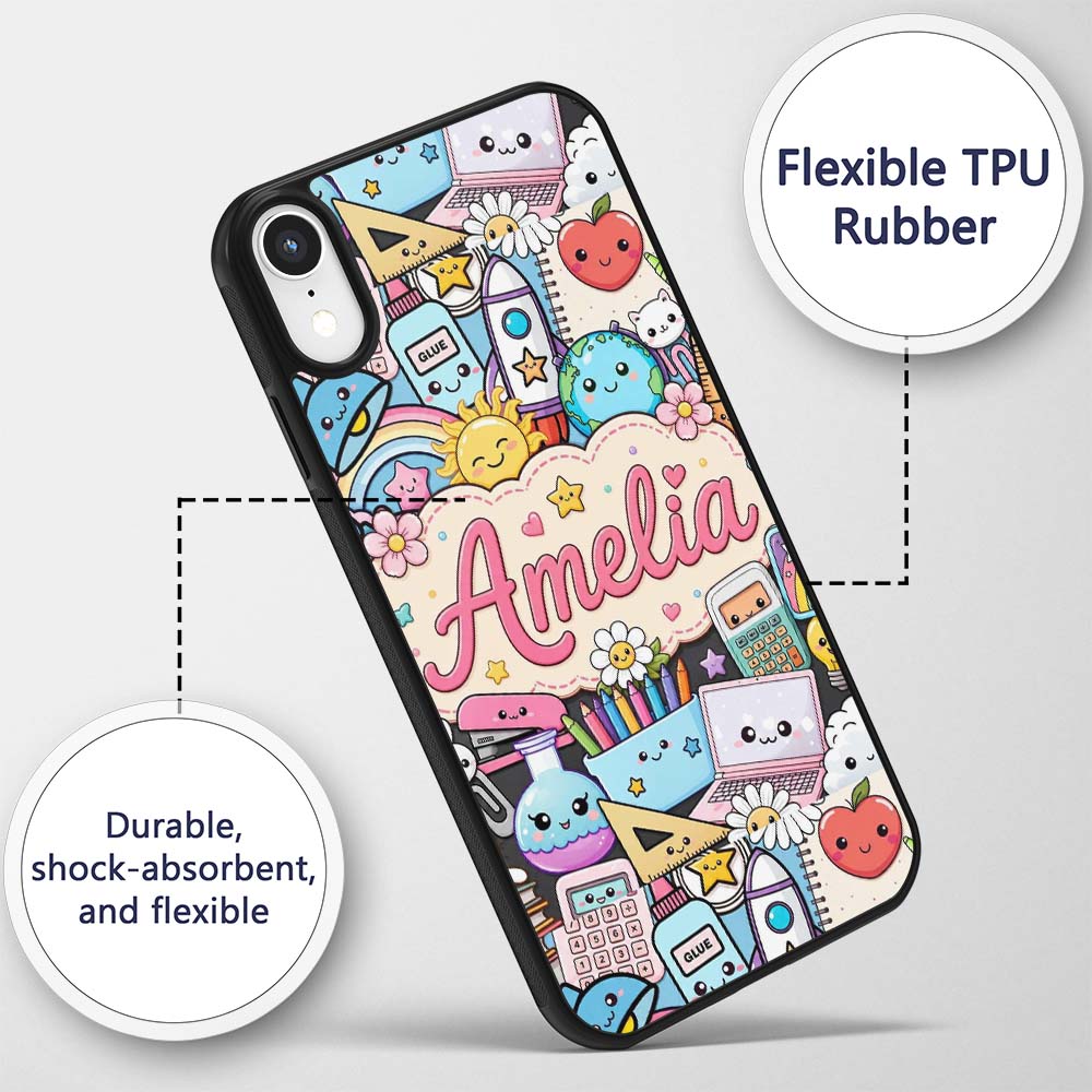 Cute Kawaii School Supplies Desk Rainbow Sun Custom Name Protective Phone Case Mobile Cover Durable Everyday Smartphone Shock Resistant