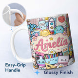 Personalized Custom Name Cute Kawaii School Supplies Desk Rainbow Sun Globe Seamless Pattern 11oz Ceramic Coffee Tea Mug White Large Handle