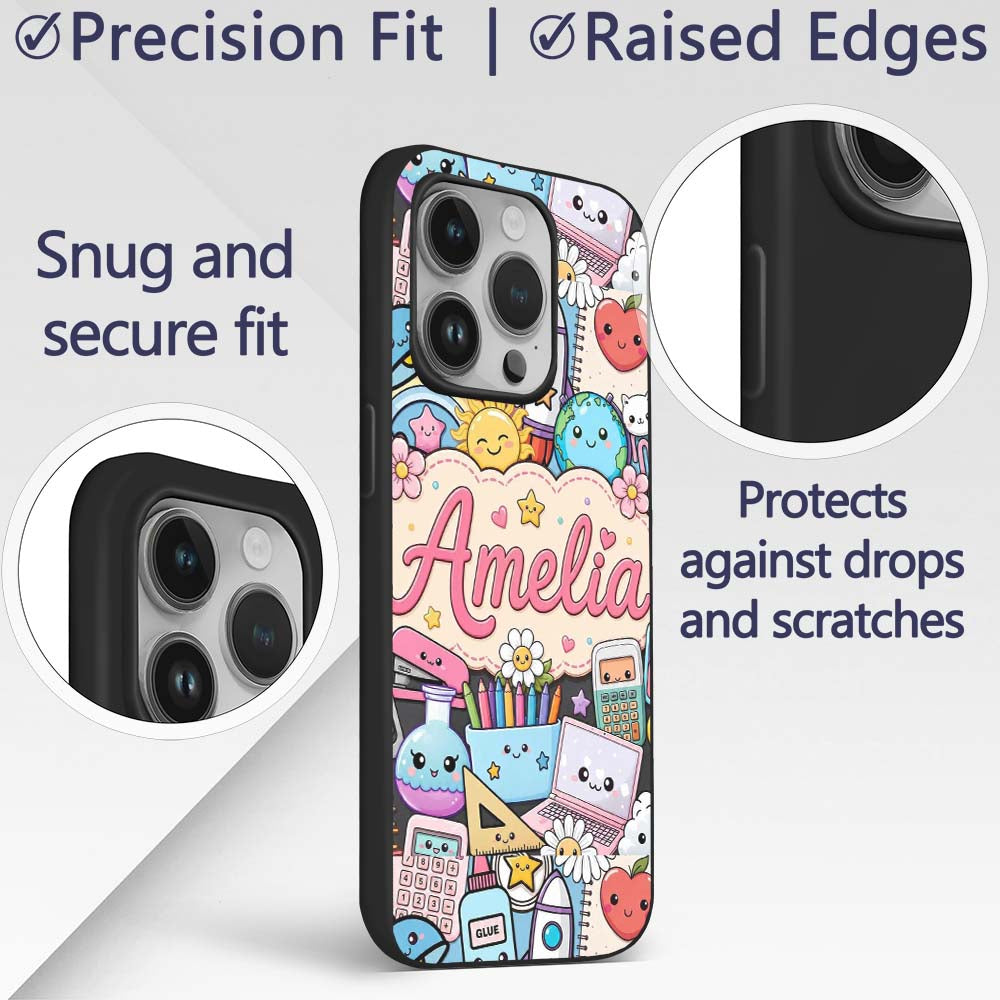 Cute Kawaii School Supplies Desk Rainbow Sun Custom Name Protective Phone Case Mobile Cover Durable Everyday Smartphone Shock Resistant