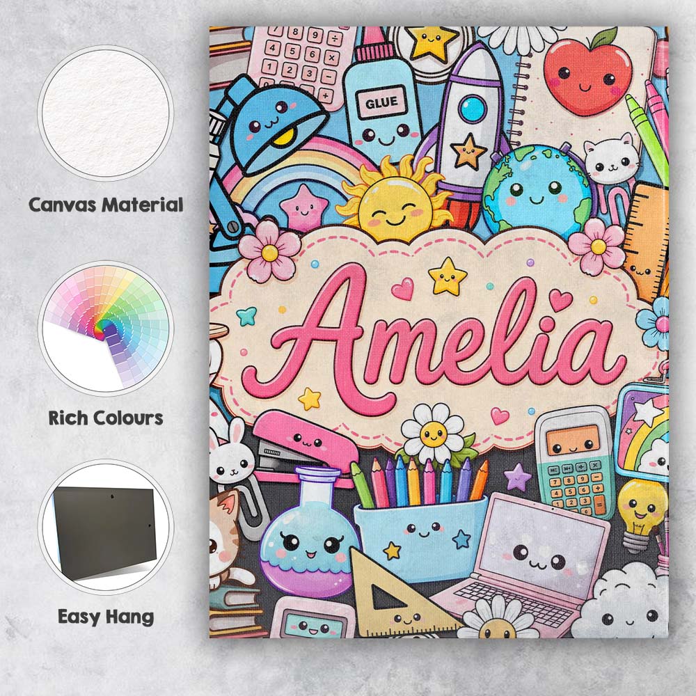 Personalised Name Cute Kawaii School Custom Premium Decorative Design Modern Room Accent Canvas Wall Art Print Decor Picture Ready to Hang