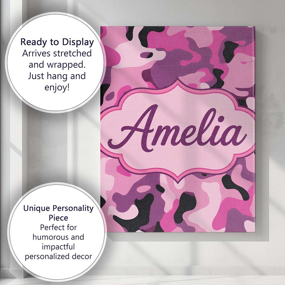 Personalised Name Pink Purple Camouflage Fashion Style Seamless Custom  Statement Canvas Wall Art Print Decor Picture Ready to Hang