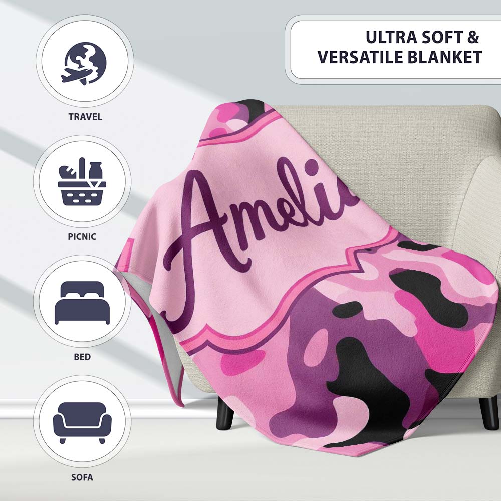 Pink Purple Camouflage Fashion Style Seamless Pattern Lovely  Personalised Custom Name Super Soft Fleece Blanket Bed Sofa Throw