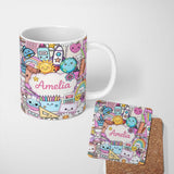 Personalized Custom Name Cute Kawaii School Supplies Desk Rainbow Sun Globe Cream Seamless 11oz Ceramic Coffee Tea Mug White Large Handle