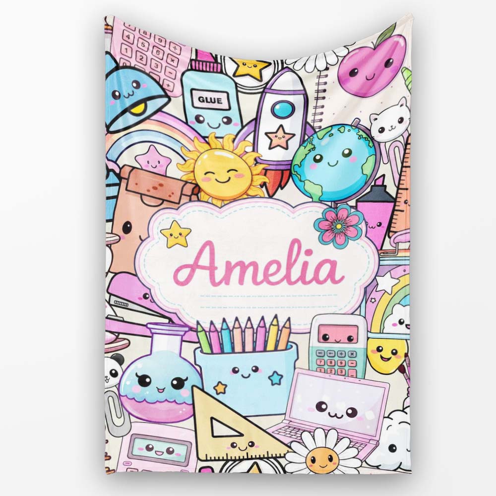 Cute Kawaii School Supplies Desk Rainbow Sun Globe Cream Seamless  Personalised Custom Name Super Soft Fleece Blanket Bed Sofa Throw