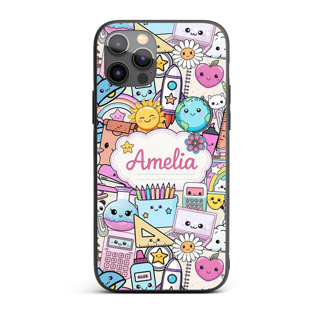 Cute Kawaii School Supplies Desk Rainbow Sun Custom Name Protective Phone Case Mobile Cover Durable Everyday Smartphone Shock Resistant