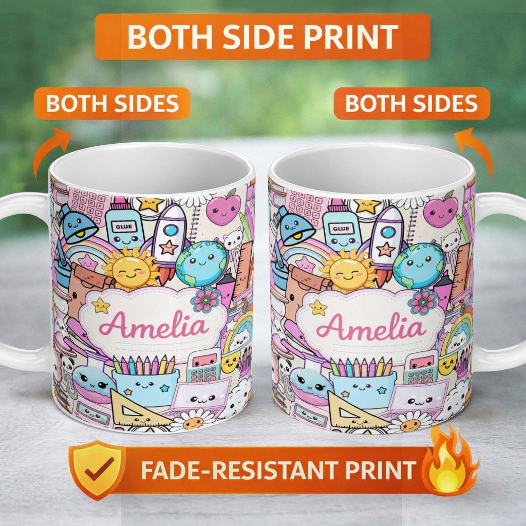 Personalized Custom Name Cute Kawaii School Supplies Desk Rainbow Sun Globe Cream Seamless 11oz Ceramic Coffee Tea Mug White Large Handle