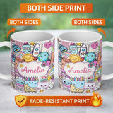 Personalized Custom Name Cute Kawaii School Supplies Desk Rainbow Sun Globe Cream Seamless 11oz Ceramic Coffee Tea Mug White Large Handle