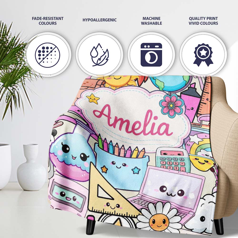 Cute Kawaii School Supplies Desk Rainbow Sun Globe Cream Seamless  Personalised Custom Name Super Soft Fleece Blanket Bed Sofa Throw