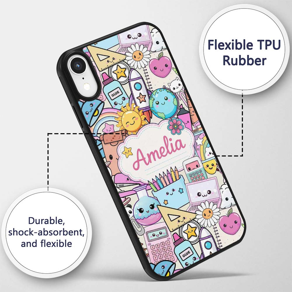 Cute Kawaii School Supplies Desk Rainbow Sun Custom Name Protective Phone Case Mobile Cover Durable Everyday Smartphone Shock Resistant