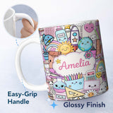 Personalized Custom Name Cute Kawaii School Supplies Desk Rainbow Sun Globe Cream Seamless 11oz Ceramic Coffee Tea Mug White Large Handle
