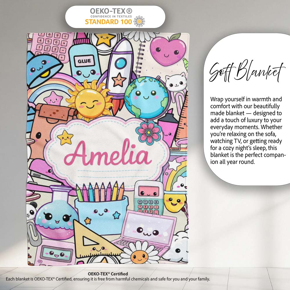 Cute Kawaii School Supplies Desk Rainbow Sun Globe Cream Seamless  Personalised Custom Name Super Soft Fleece Blanket Bed Sofa Throw