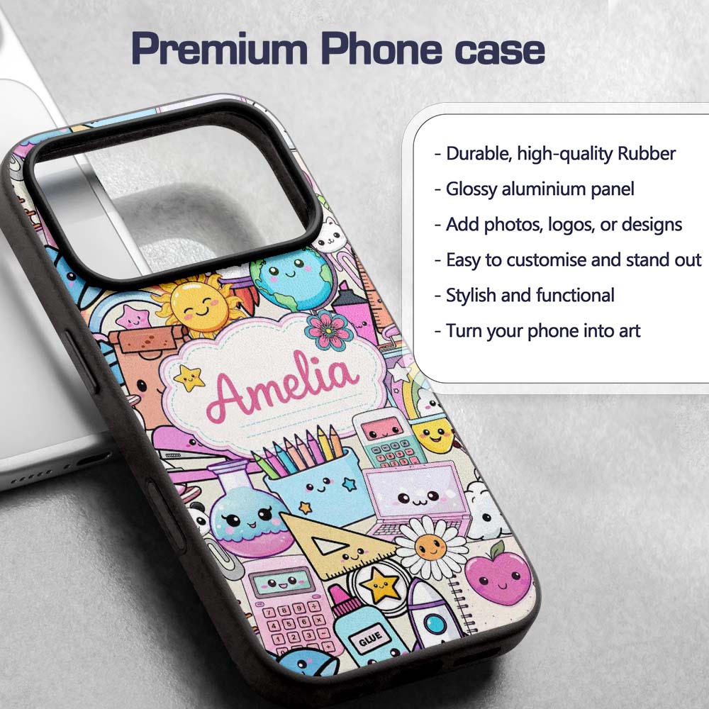 Cute Kawaii School Supplies Desk Rainbow Sun Custom Name Protective Phone Case Mobile Cover Durable Everyday Smartphone Shock Resistant