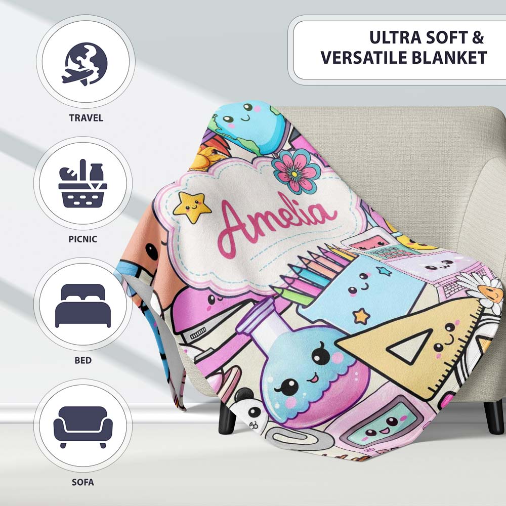Cute Kawaii School Supplies Desk Rainbow Sun Globe Cream Seamless  Personalised Custom Name Super Soft Fleece Blanket Bed Sofa Throw