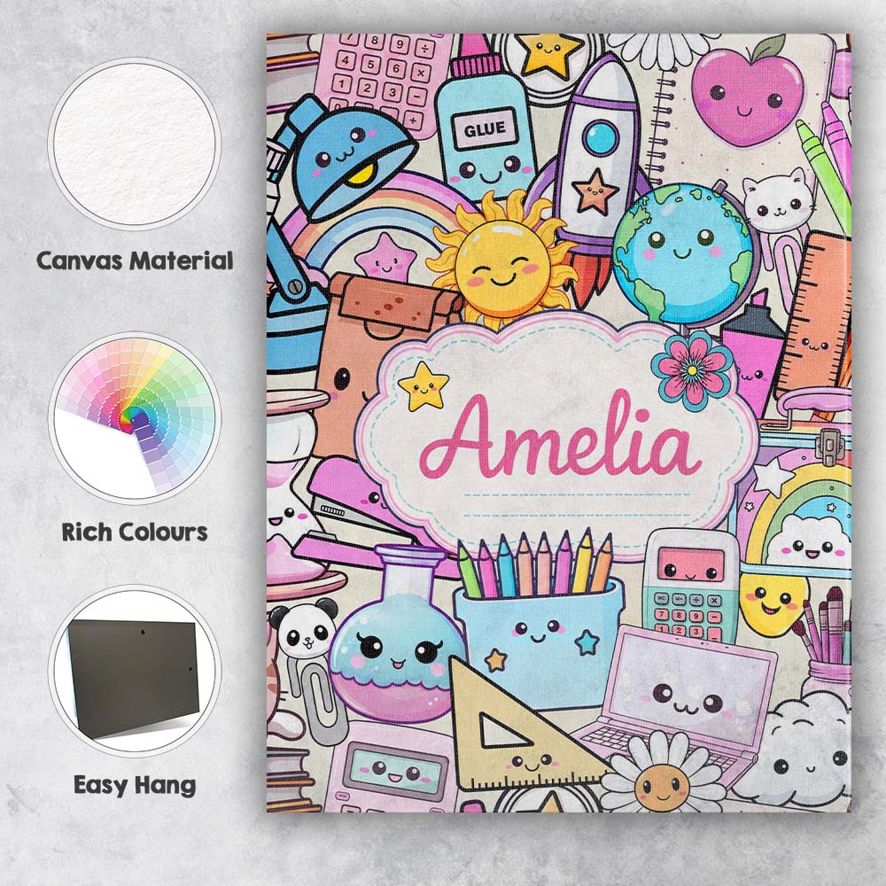 Personalised Name Cute Kawaii School Custom Premium Decorative Design Modern Room Accent Canvas Wall Art Print Decor Picture Ready to Hang