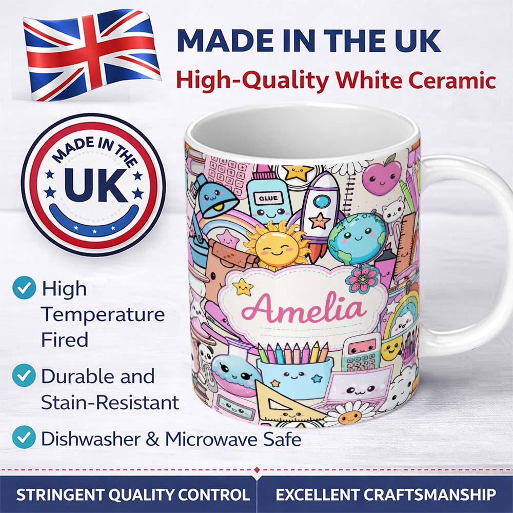 Personalized Custom Name Cute Kawaii School Supplies Desk Rainbow Sun Globe Cream Seamless 11oz Ceramic Coffee Tea Mug White Large Handle
