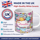 Personalized Custom Name Cute Kawaii School Supplies Desk Rainbow Sun Globe Cream Seamless 11oz Ceramic Coffee Tea Mug White Large Handle