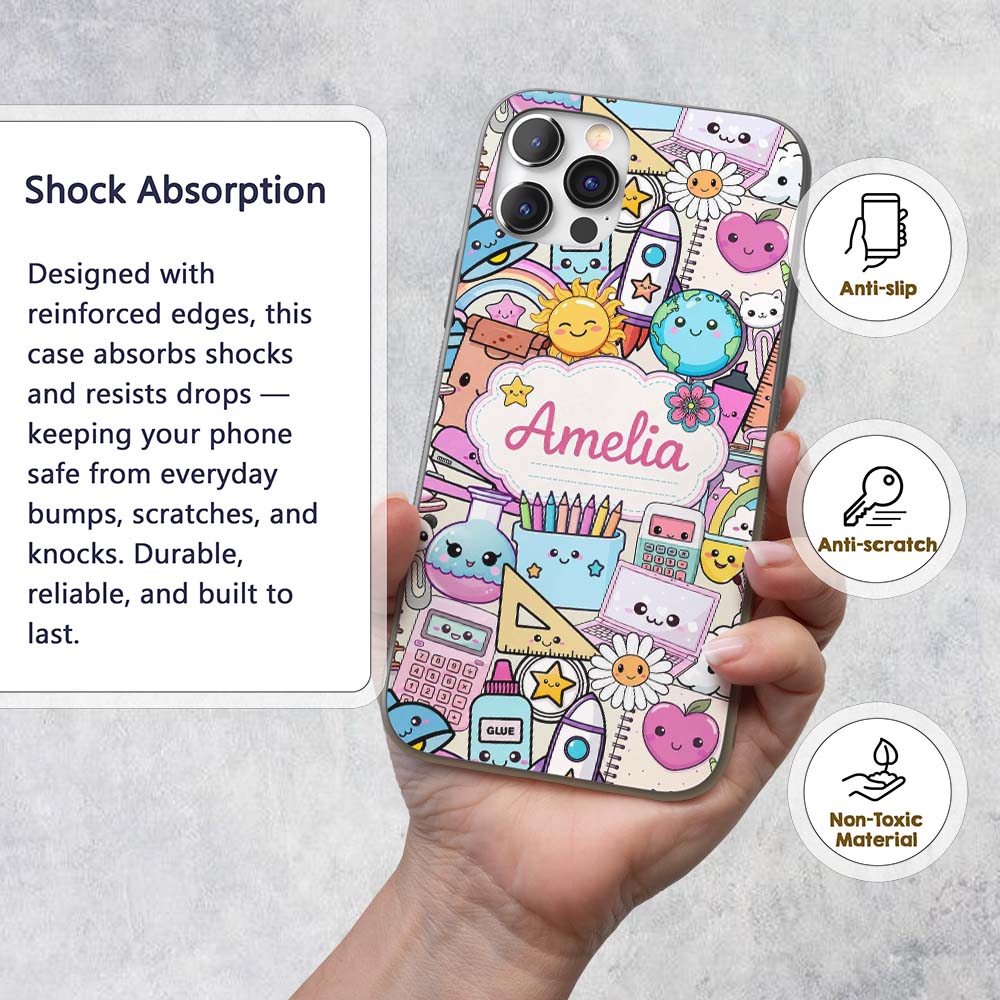 Cute Kawaii School Supplies Desk Rainbow Sun Custom Name Protective Phone Case Mobile Cover Durable Everyday Smartphone Shock Resistant
