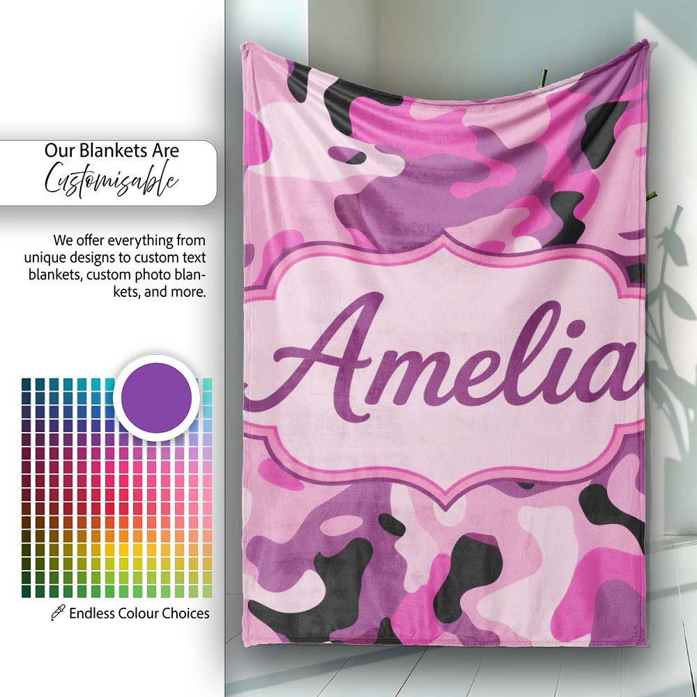 Pink Purple Camouflage Fashion Style Seamless Pattern Lovely  Personalised Custom Name Super Soft Fleece Blanket Bed Sofa Throw