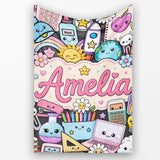 Cute Kawaii School Supplies Desk Rainbow Sun Globe Dark Seamless  Personalised Custom Name Super Soft Fleece Blanket Bed Sofa Throw