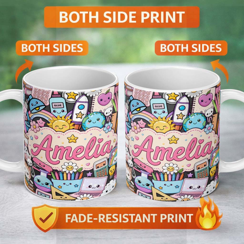 Personalized Custom Name Cute Kawaii School Supplies Desk Rainbow Sun Globe Dark Seamless 11oz Ceramic Coffee Tea Mug White Large Handle